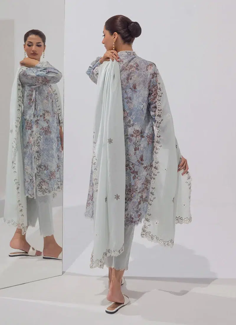 Image | Spring Basics '25 Collection | Embroidered Printed Suits | Cotton and Chiffon | Light Blue | Stitched | 3 Pc