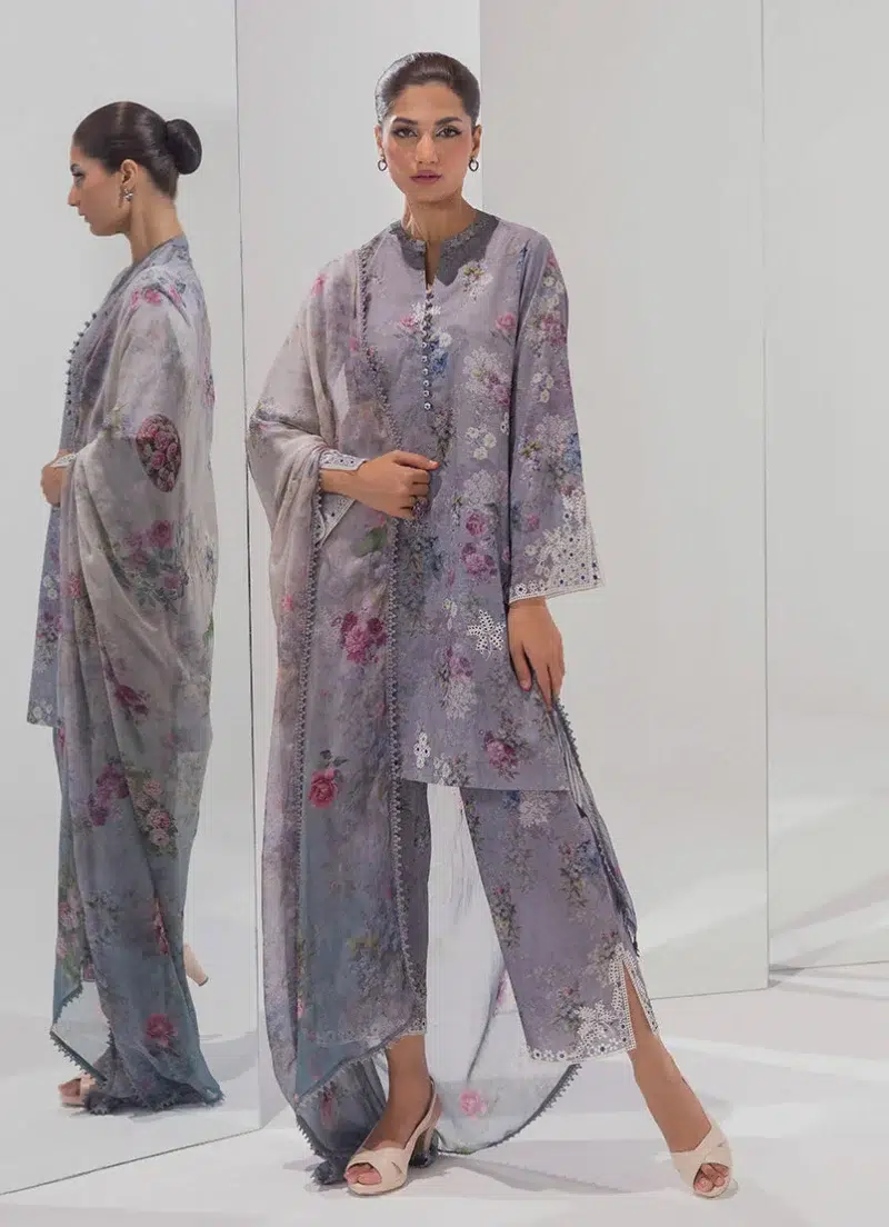 Image | Spring Basics '25 Collection | Embroidered Printed Suits | Cotton and Chiffon | Grey | Stitched | 3 Pc