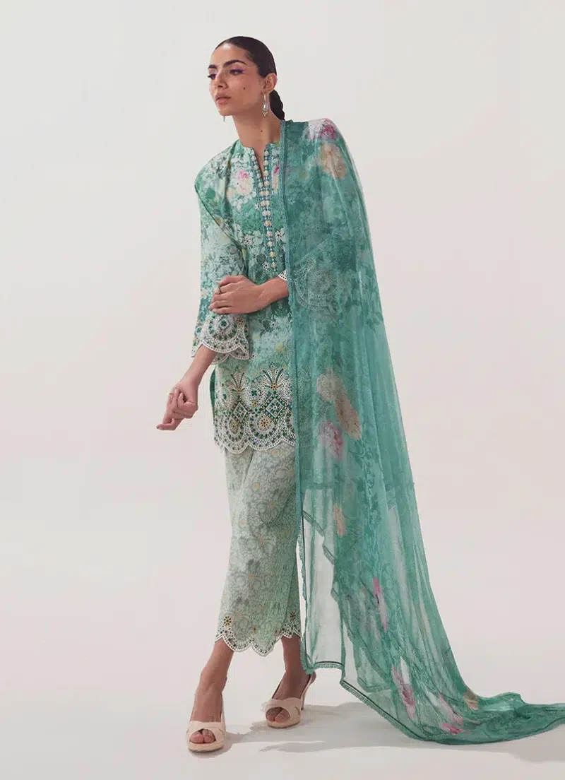 Image | Spring Collection | Sea Green | Embroidered+printed Suit | 3 Pc
