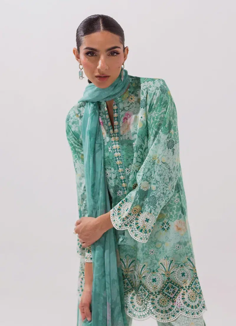 Image | Spring Collection | Sea Green | Embroidered+printed Suit | 3 Pc