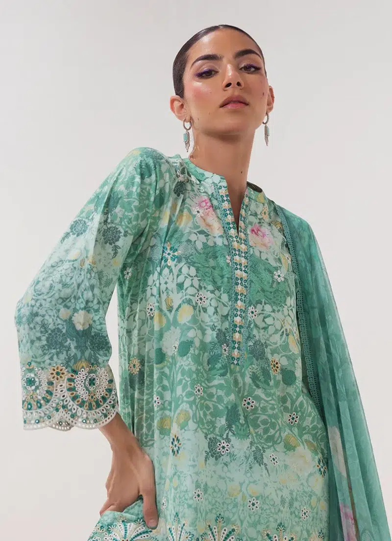 Image | Spring Collection | Sea Green | Embroidered+printed Suit | 3 Pc