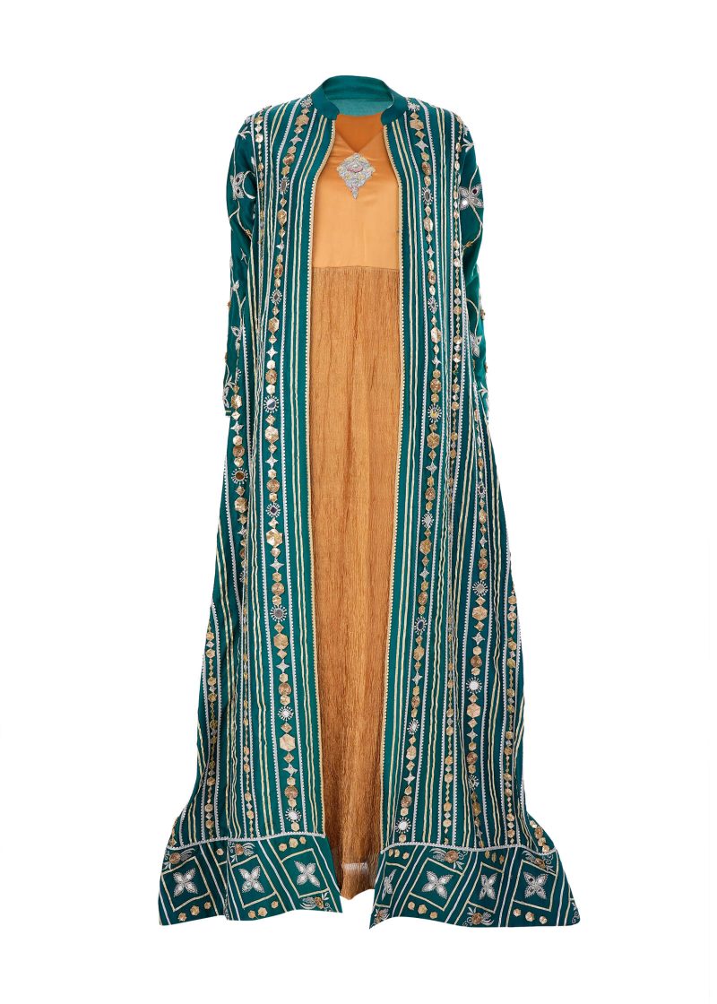 Maysarah Studio | Teal Green + Mustard | Stitched | Party wear | Jalabiya Style Kaftan | 1 pc set