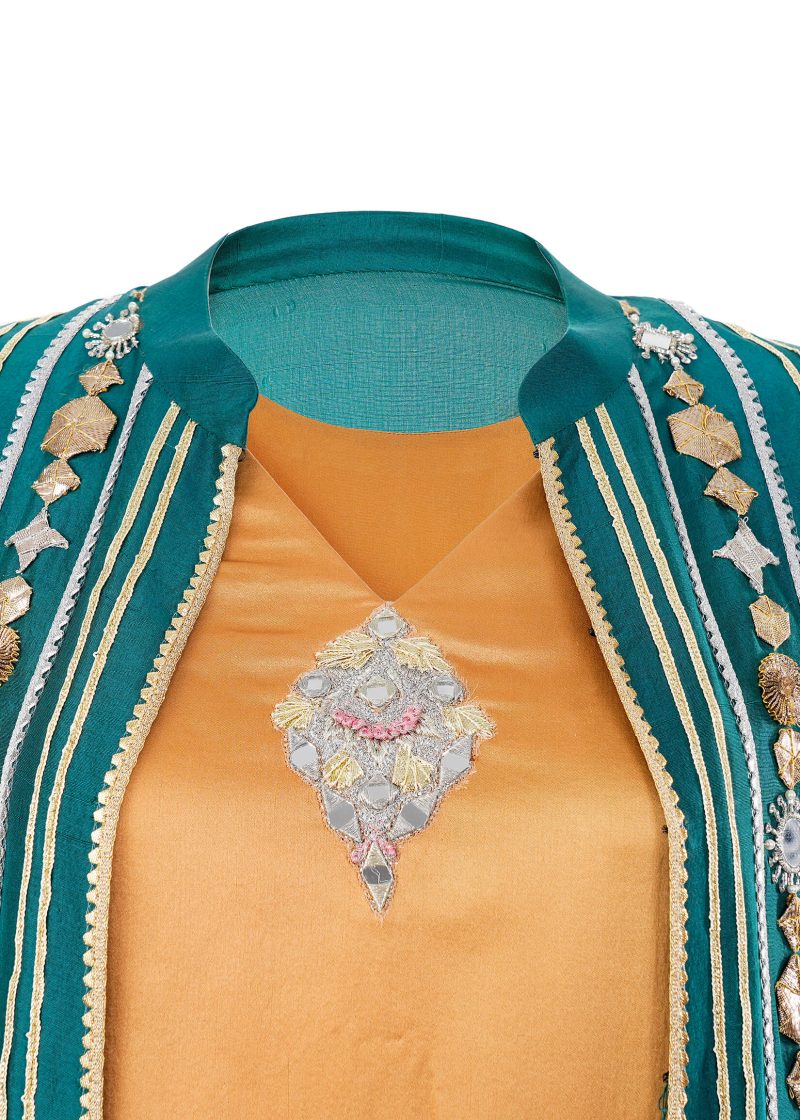 Maysarah Studio | Teal Green + Mustard | Stitched | Party wear | Jalabiya Style Kaftan | 1 pc set