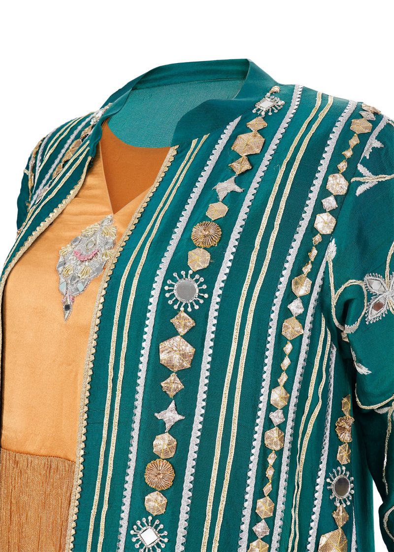 Maysarah Studio | Teal Green + Mustard | Stitched | Party wear | Jalabiya Style Kaftan | 1 pc set