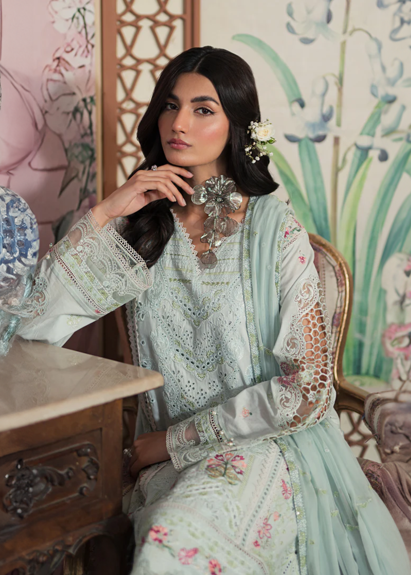 Emaan Adeel Luxury Lawn | Sky Blue | Unstitched | Party wear | Khadi Net and Organza | AR-07
