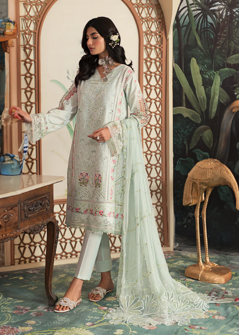 Emaan Adeel Luxury Lawn | Sky Blue | Unstitched | Party wear | Khadi Net and Organza | AR-07