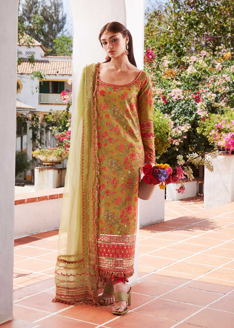 Hussain Rehar Luxury Lawn | Mehndi Green | Unstitched | Feastive | Silk Dupatta | SORBET