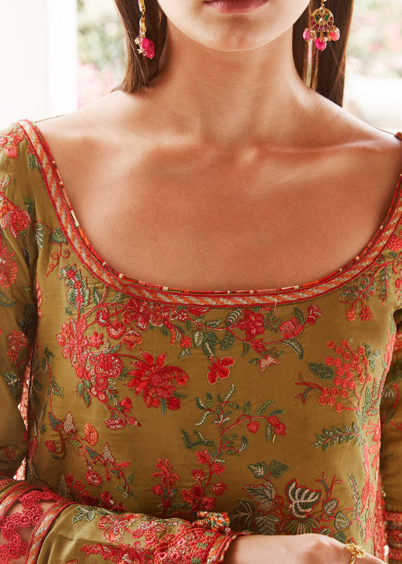 Hussain Rehar Luxury Lawn | Mehndi Green | Unstitched | Feastive | Silk Dupatta | SORBET