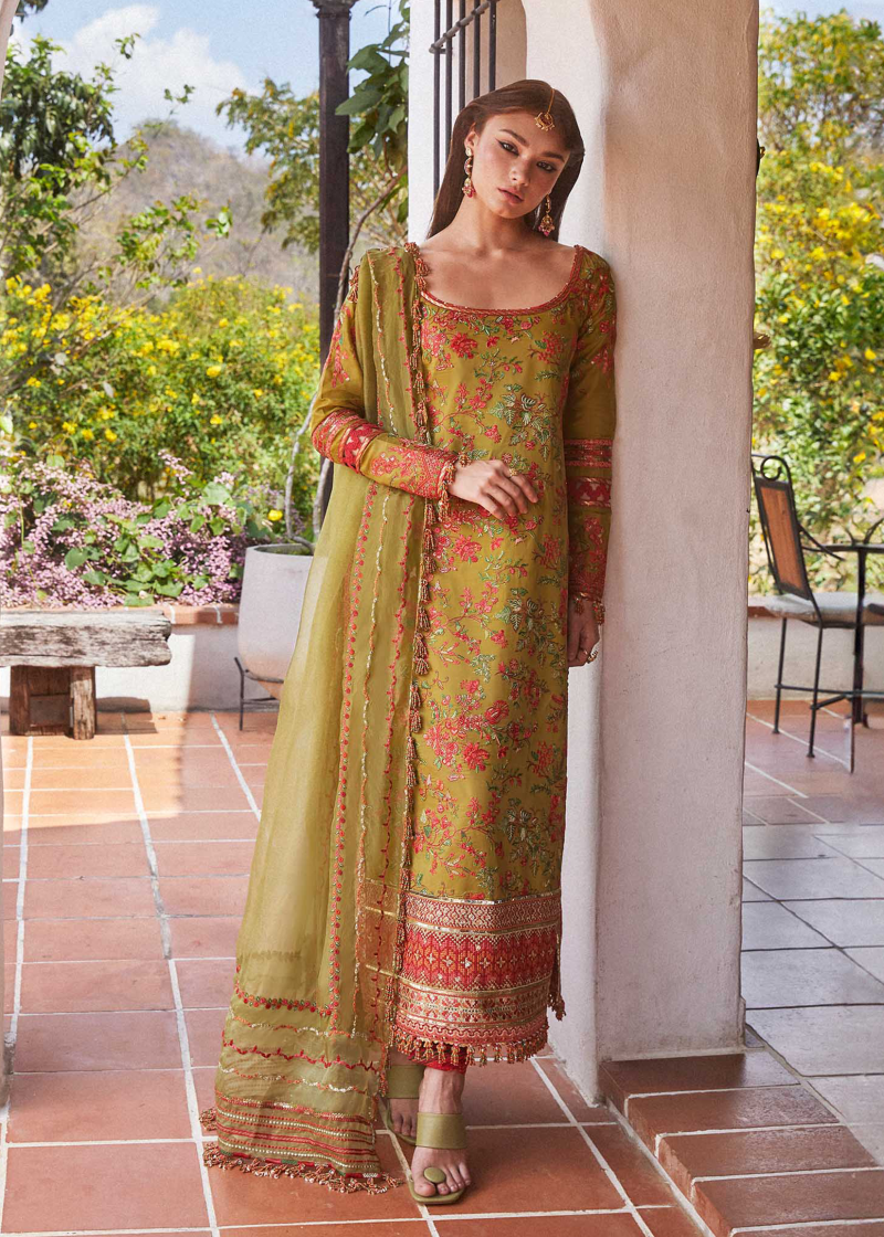 Hussain Rehar Luxury Lawn | Mehndi Green | Unstitched | Feastive | Silk Dupatta | SORBET
