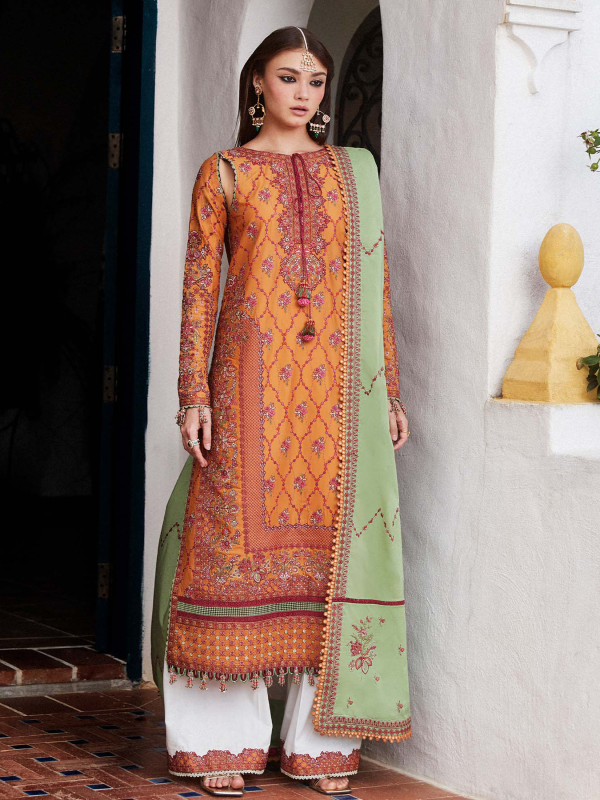 Hussain Rehar Luxury Lawn | Mustard | Unstitched | Feastive | Silk Dupatta | AMIRA