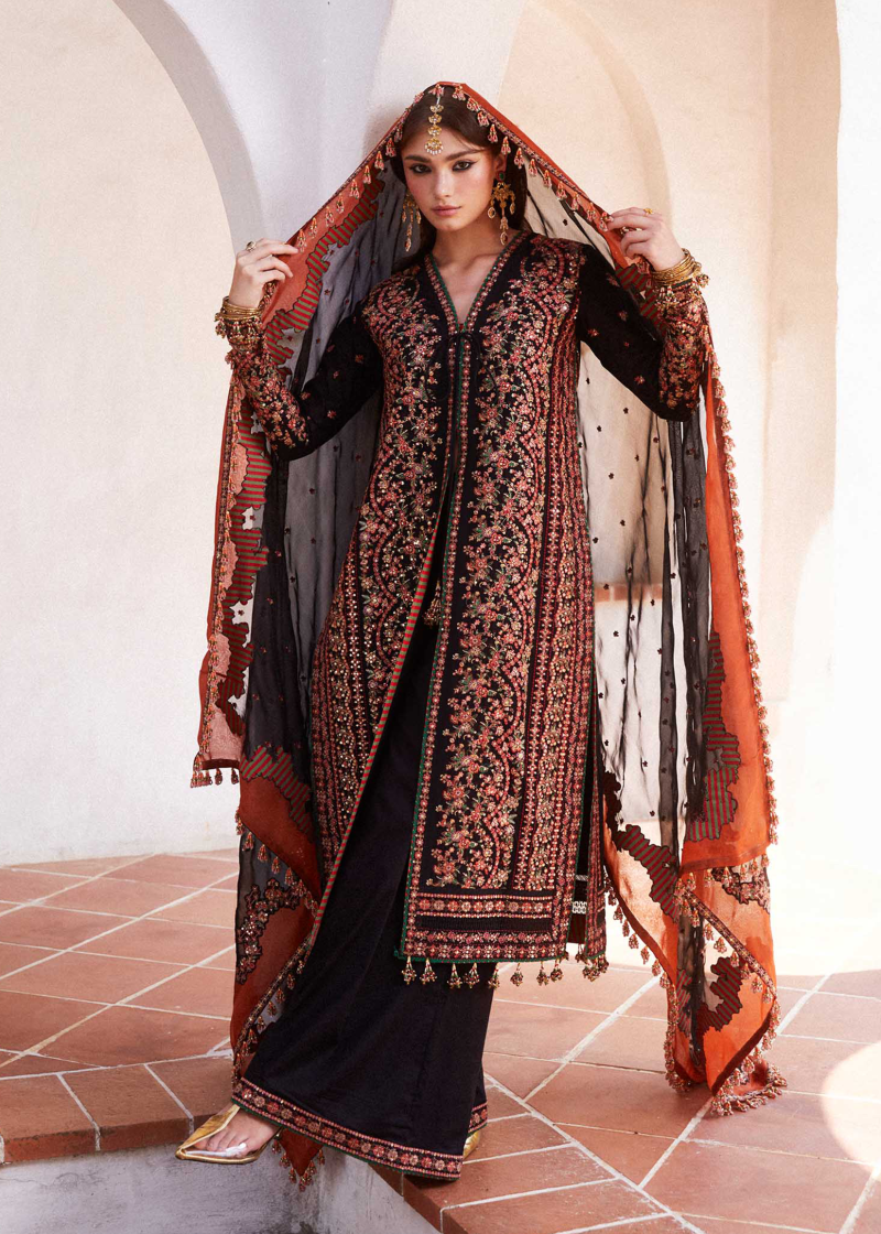 Hussain Rehar Luxury Lawn | Black | Unstitched | Feastive | Silk Dupatta | SIFOUNA