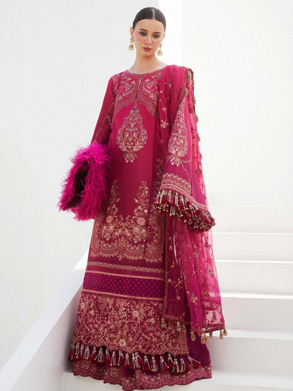 Hussain Rehar Luxury Lawn | Fuschia Pink | Unstitched | Feastive | Silk Dupatta | NORA