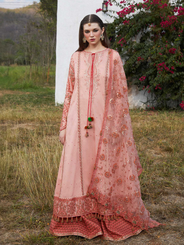 Hussain Rehar Luxury Lawn | Peach | Unstitched | Feastive | Silk Dupatta | NAYRA