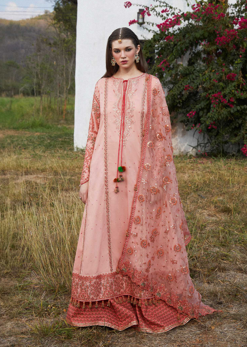 Hussain Rehar Luxury Lawn | Peach | Unstitched | Feastive | Silk Dupatta | NAYRA