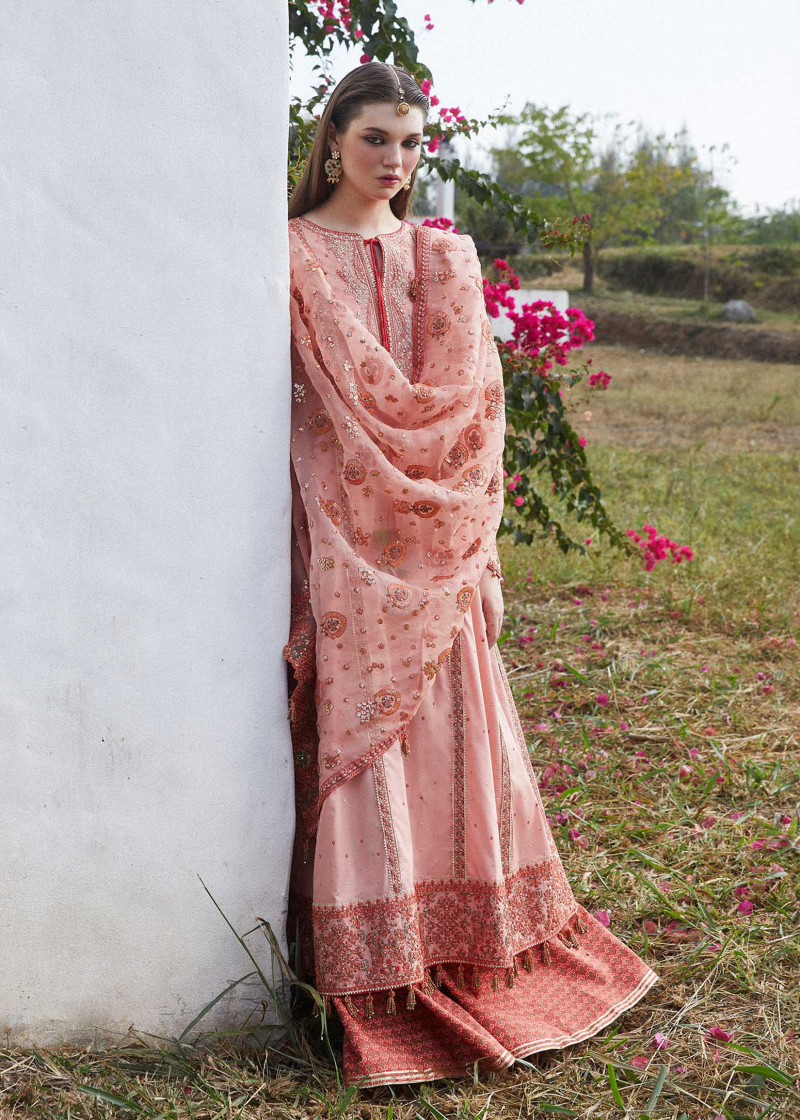 Hussain Rehar Luxury Lawn | Peach | Unstitched | Feastive | Silk Dupatta | NAYRA