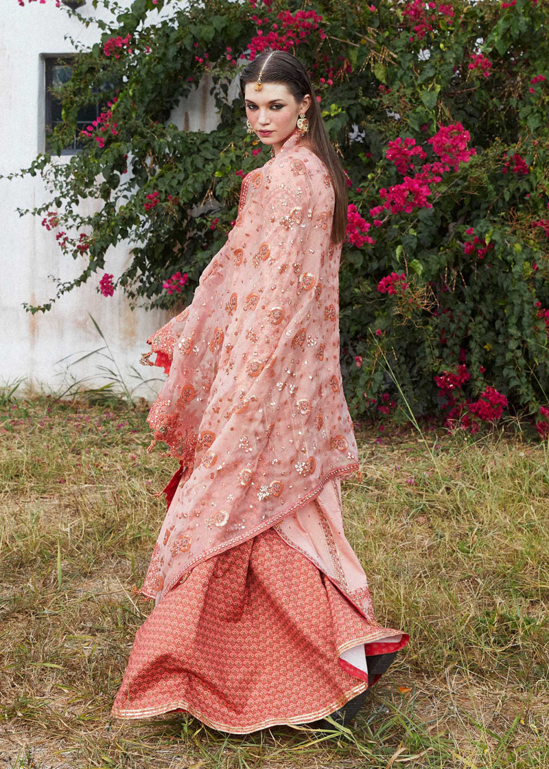 Hussain Rehar Luxury Lawn | Peach | Unstitched | Feastive | Silk Dupatta | NAYRA