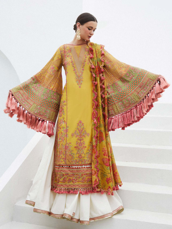 Hussain Rehar Luxury Lawn | Yellow | Unstitched | Feastive | Silk Dupatta | EUPHORIA