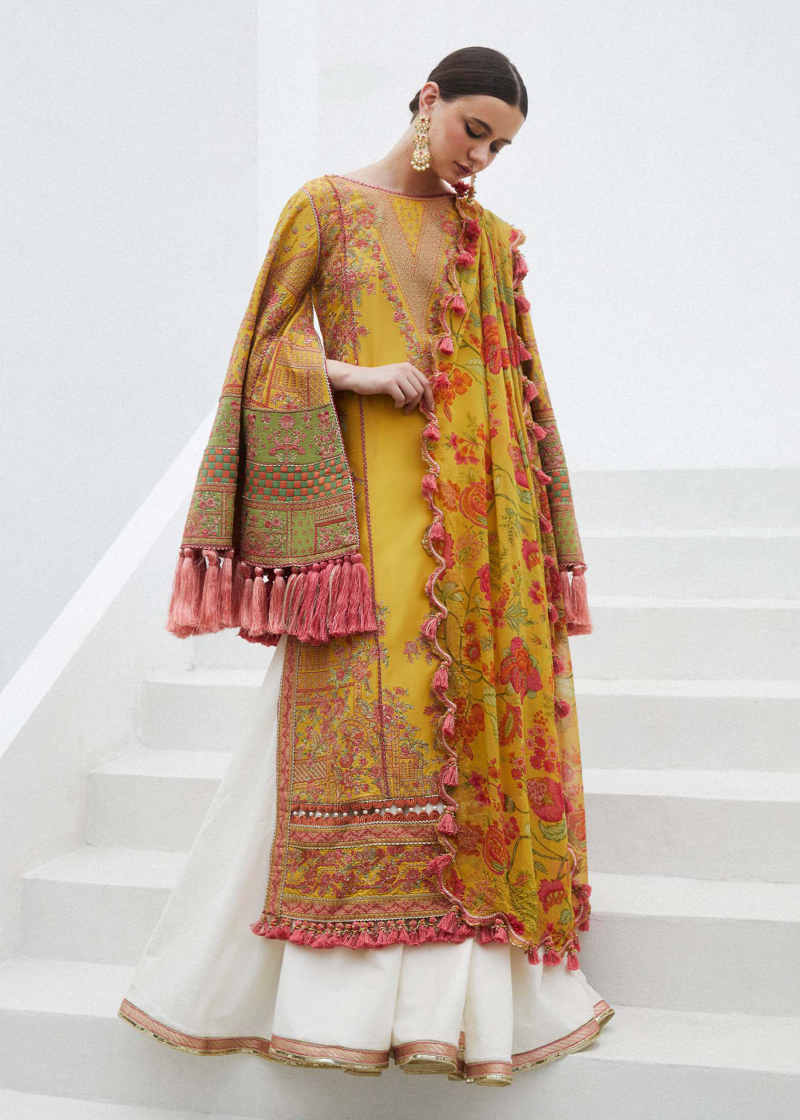 Hussain Rehar Luxury Lawn | Yellow | Unstitched | Feastive | Silk Dupatta | EUPHORIA