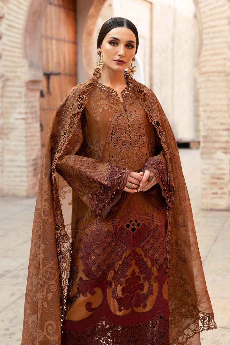 Maria.b | Luxury Lawn | Rust | Unstitched | Embroidered Net Suit | 3 Piece