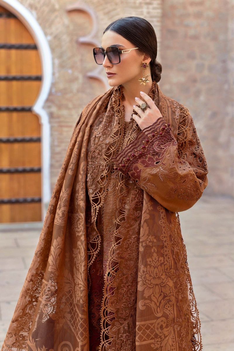 Maria.b | Luxury Lawn | Rust | Unstitched | Embroidered Net Suit | 3 Piece