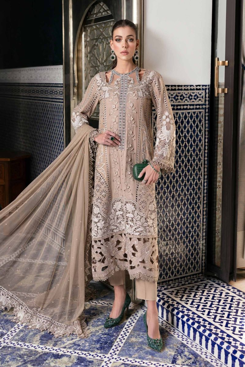 Maria.b | Luxury Lawn | Cofee | Unstitched | Embroidered Net Suit | 3 Piece