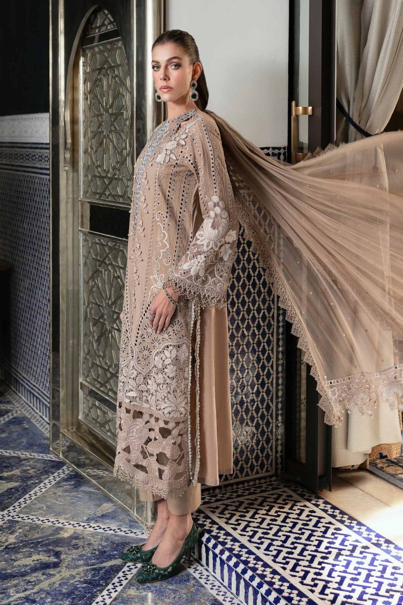 Maria.b | Luxury Lawn | Cofee | Unstitched | Embroidered Net Suit | 3 Piece