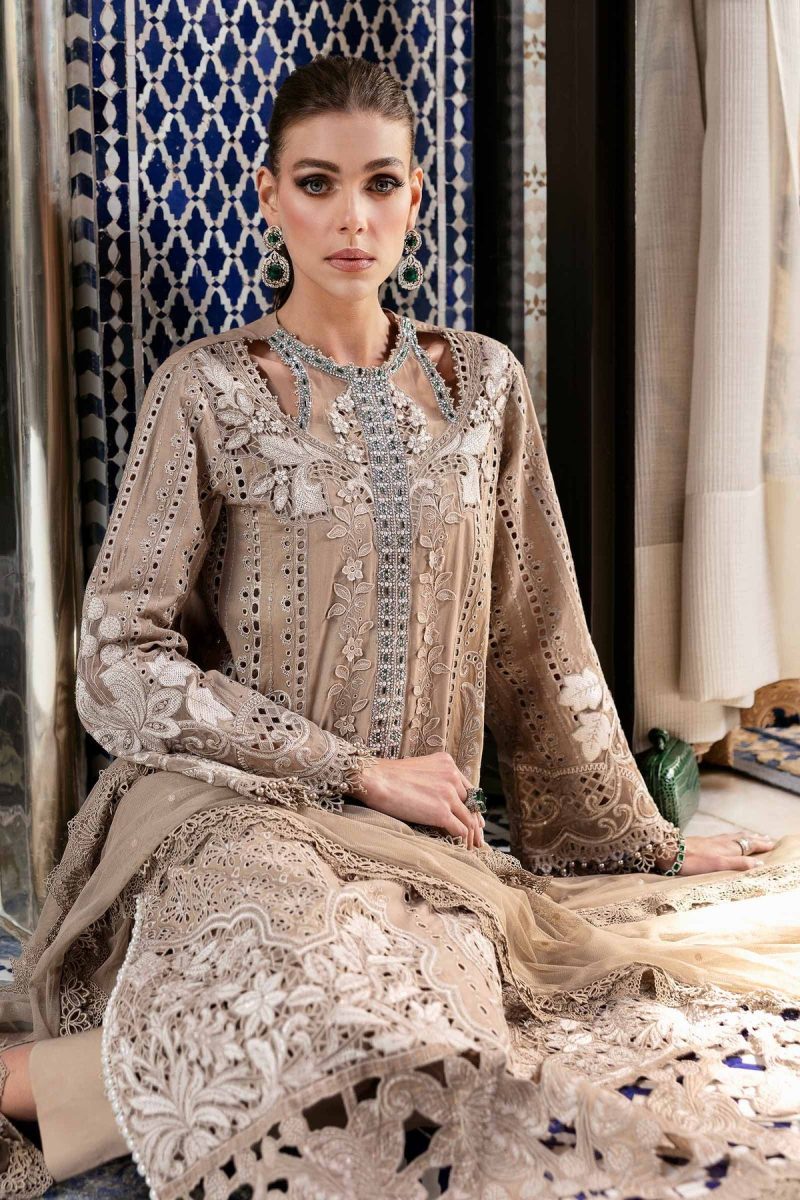 Maria.b | Luxury Lawn | Cofee | Unstitched | Embroidered Net Suit | 3 Piece
