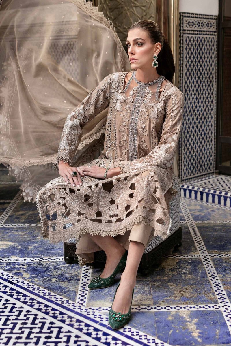 Maria.b | Luxury Lawn | Cofee | Unstitched | Embroidered Net Suit | 3 Piece