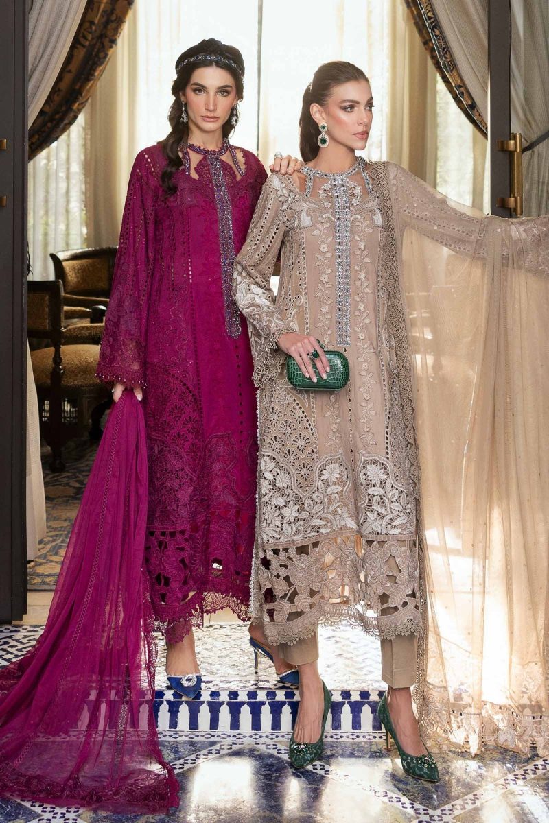 Maria.b | Luxury Lawn | Cofee | Unstitched | Embroidered Net Suit | 3 Piece