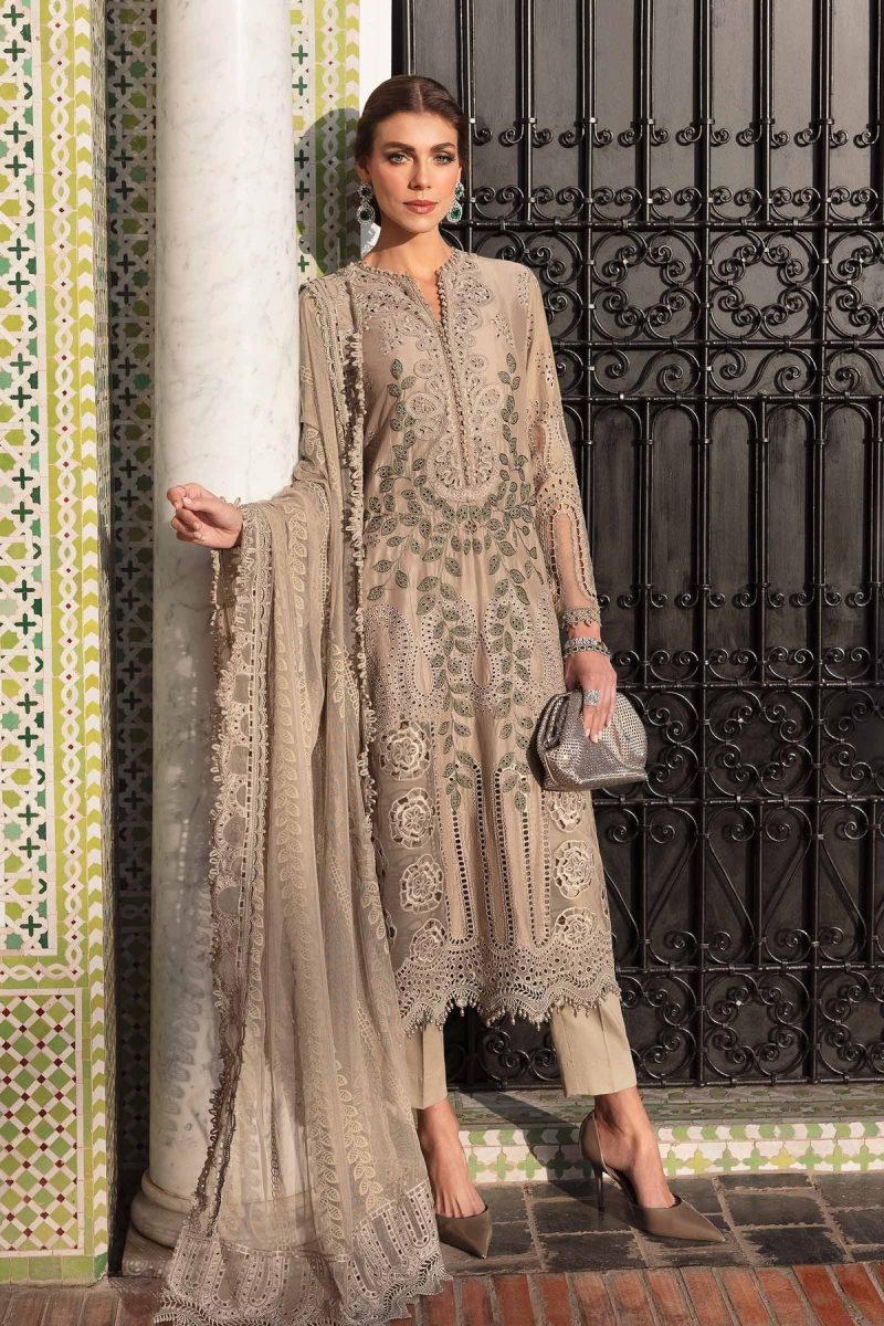 Maria.b | Luxury Lawn | Cofee | Unstitched | Embroidered Net Suit | 3 Piece