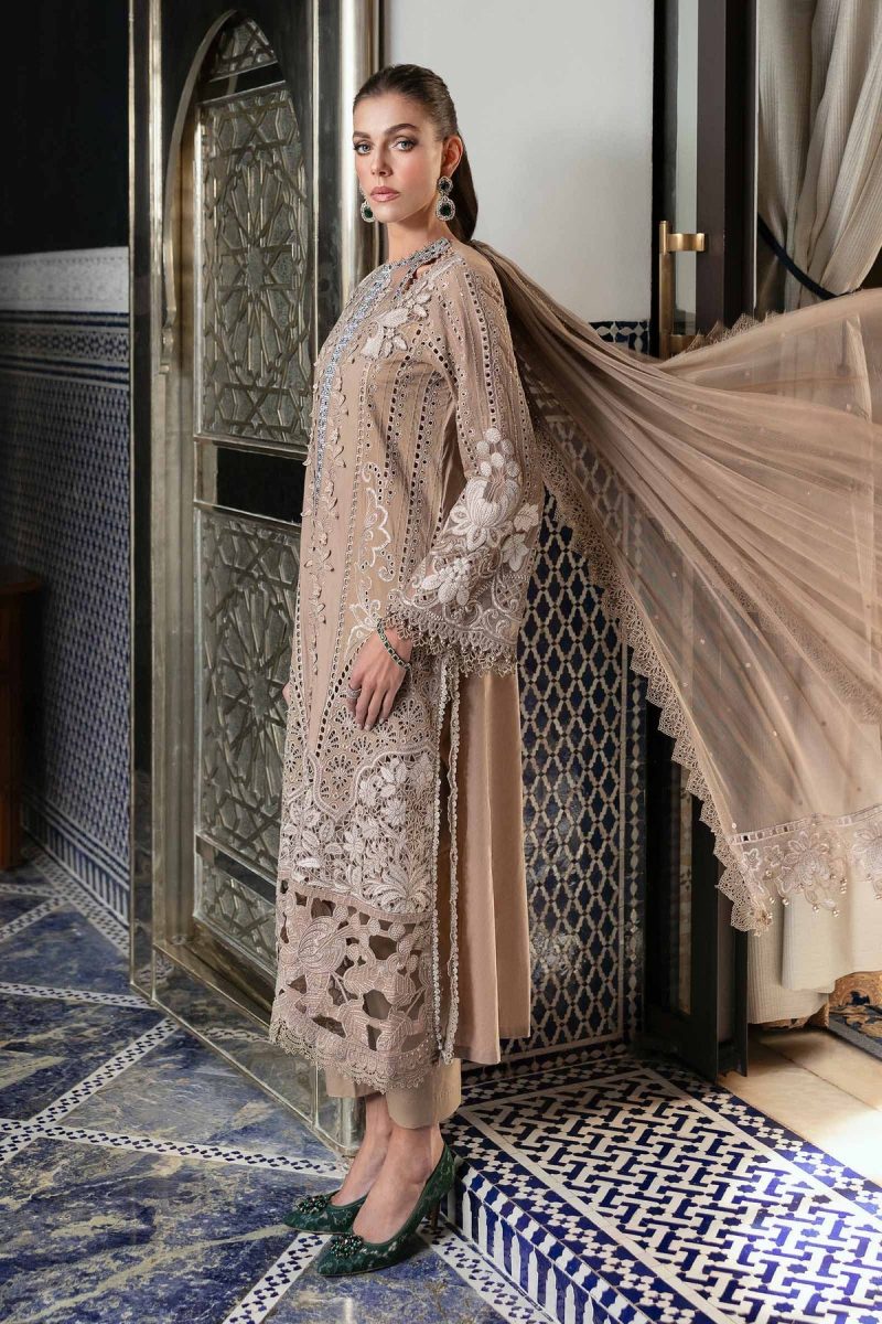 Maria.b | Luxury Lawn | Cofee | Unstitched | Embroidered Net Suit | 3 Piece