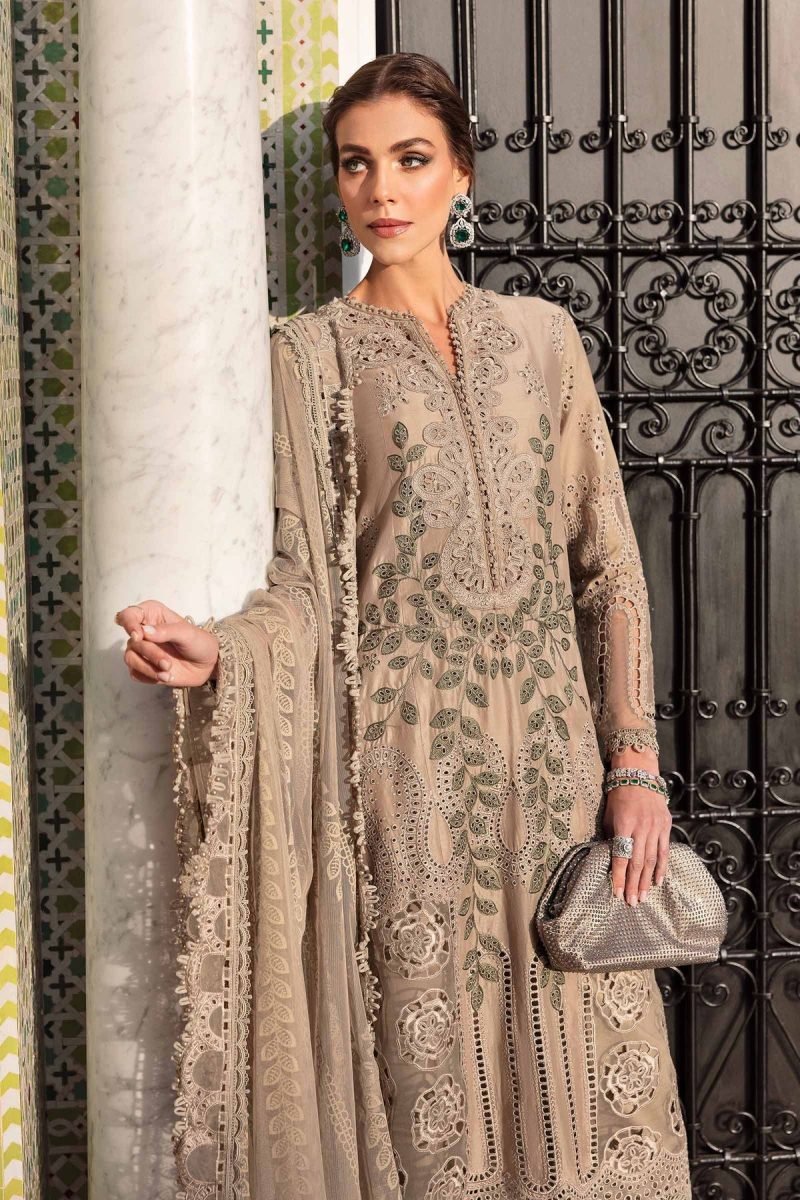 Maria.b | Luxury Lawn | Cofee | Unstitched | Embroidered Net Suit | 3 Piece