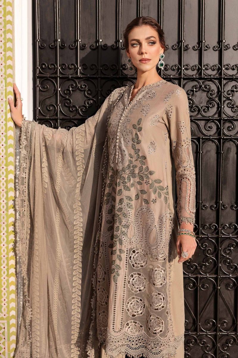 Maria.b | Luxury Lawn | Cofee | Unstitched | Embroidered Net Suit | 3 Piece