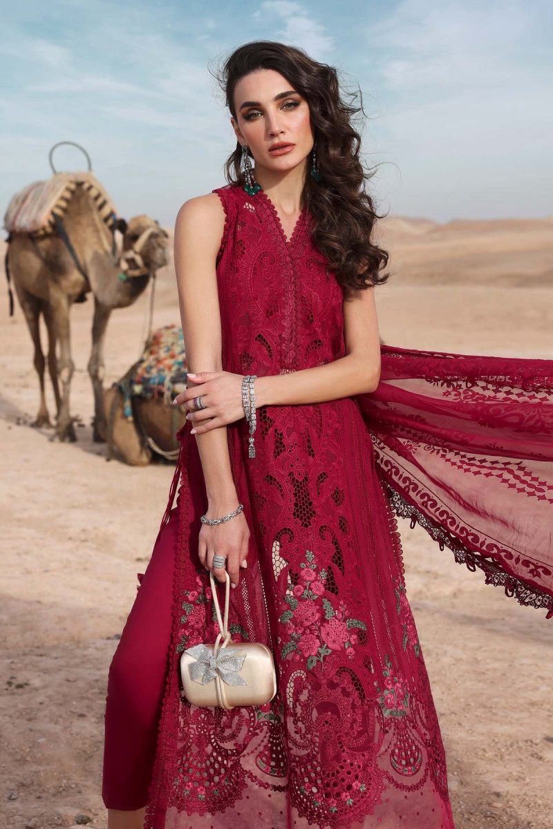 Maria.b | Luxury Lawn | Red | Unstitched | Embroidered Net Suit | 3 Piece