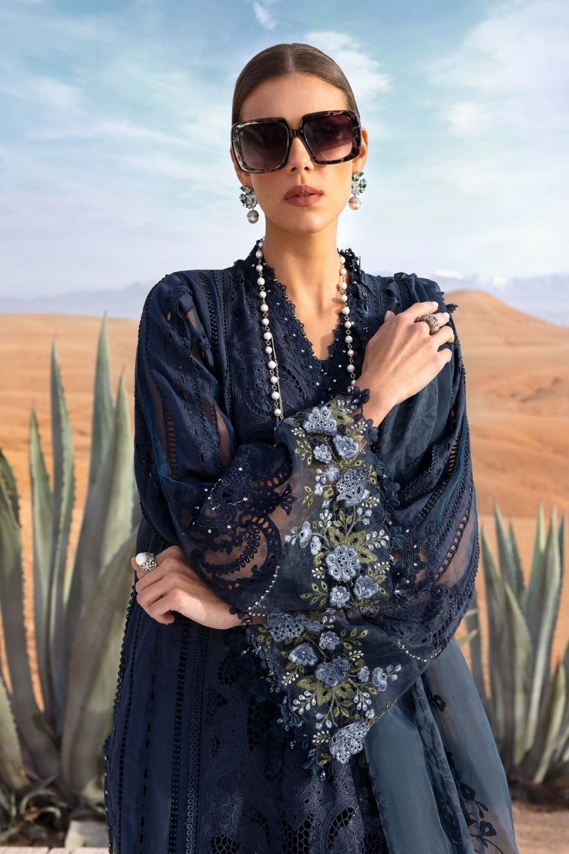 Maria.b | Luxury Lawn | Navy Blue | Unstitched | Embroidered Net Suit | 3 Piece