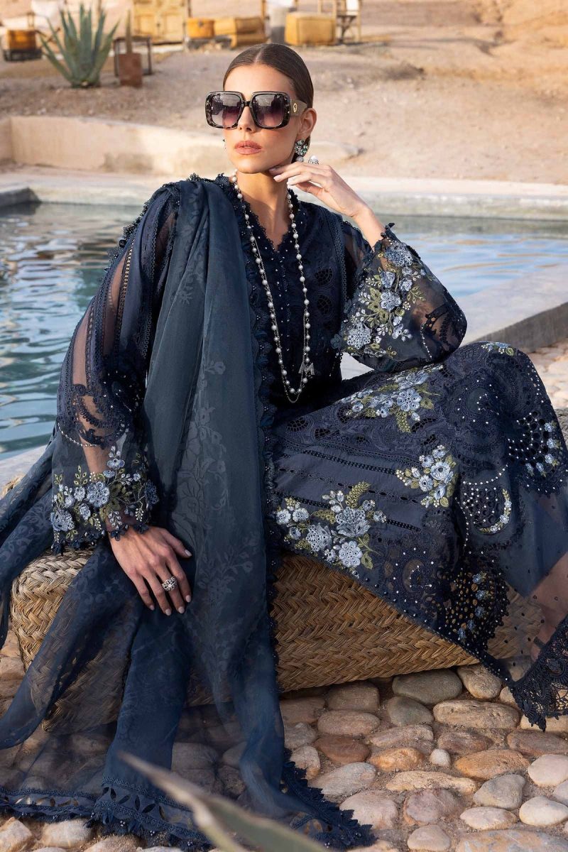 Maria.b | Luxury Lawn | Navy Blue | Unstitched | Embroidered Net Suit | 3 Piece