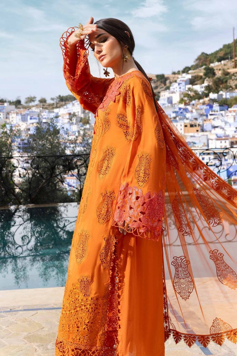 Maria.b | Luxury Lawn | Orange | Unstitched | Embroidered Net Suit | 3 Piece