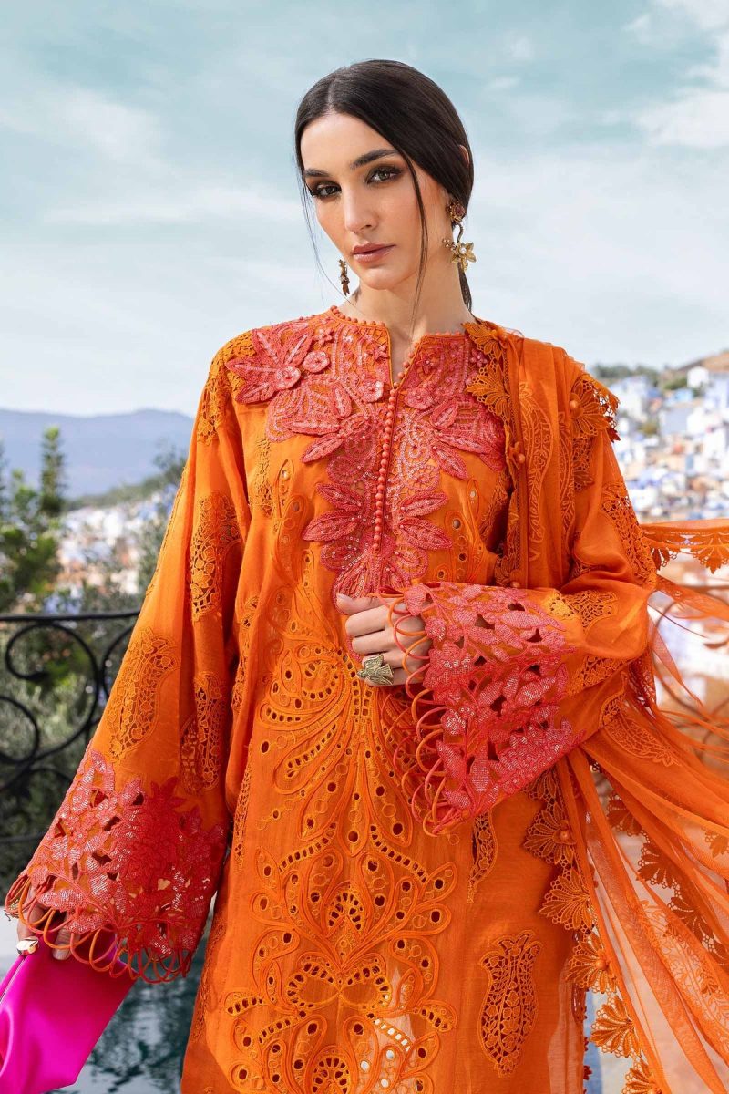 Maria.b | Luxury Lawn | Orange | Unstitched | Embroidered Net Suit | 3 Piece