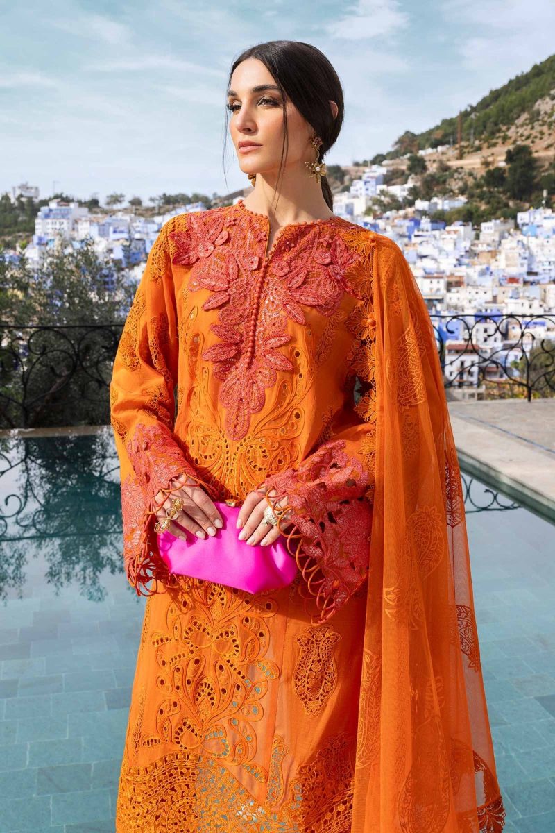 Maria.b | Luxury Lawn | Orange | Unstitched | Embroidered Net Suit | 3 Piece