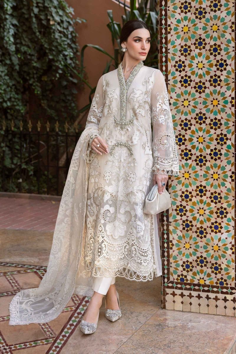 Maria.b | Luxury Lawn | Pearl White | Unstitched | Embroidered Net Suit | 3 Piece