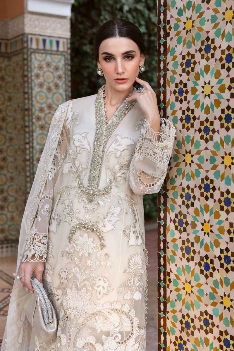 Maria.b | Luxury Lawn | Pearl White | Unstitched | Embroidered Net Suit | 3 Piece