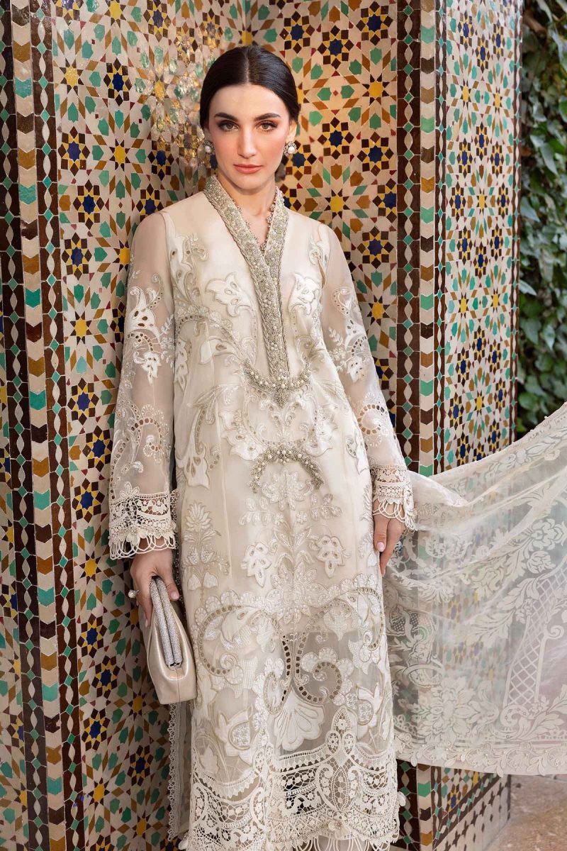 Maria.b | Luxury Lawn | Pearl White | Unstitched | Embroidered Net Suit | 3 Piece