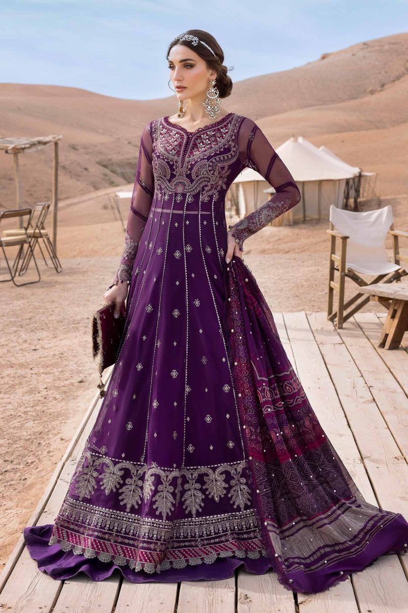 Maria.b | Luxury Lawn | Plum | Unstitched | Embroidered Net Suit | 3 Piece