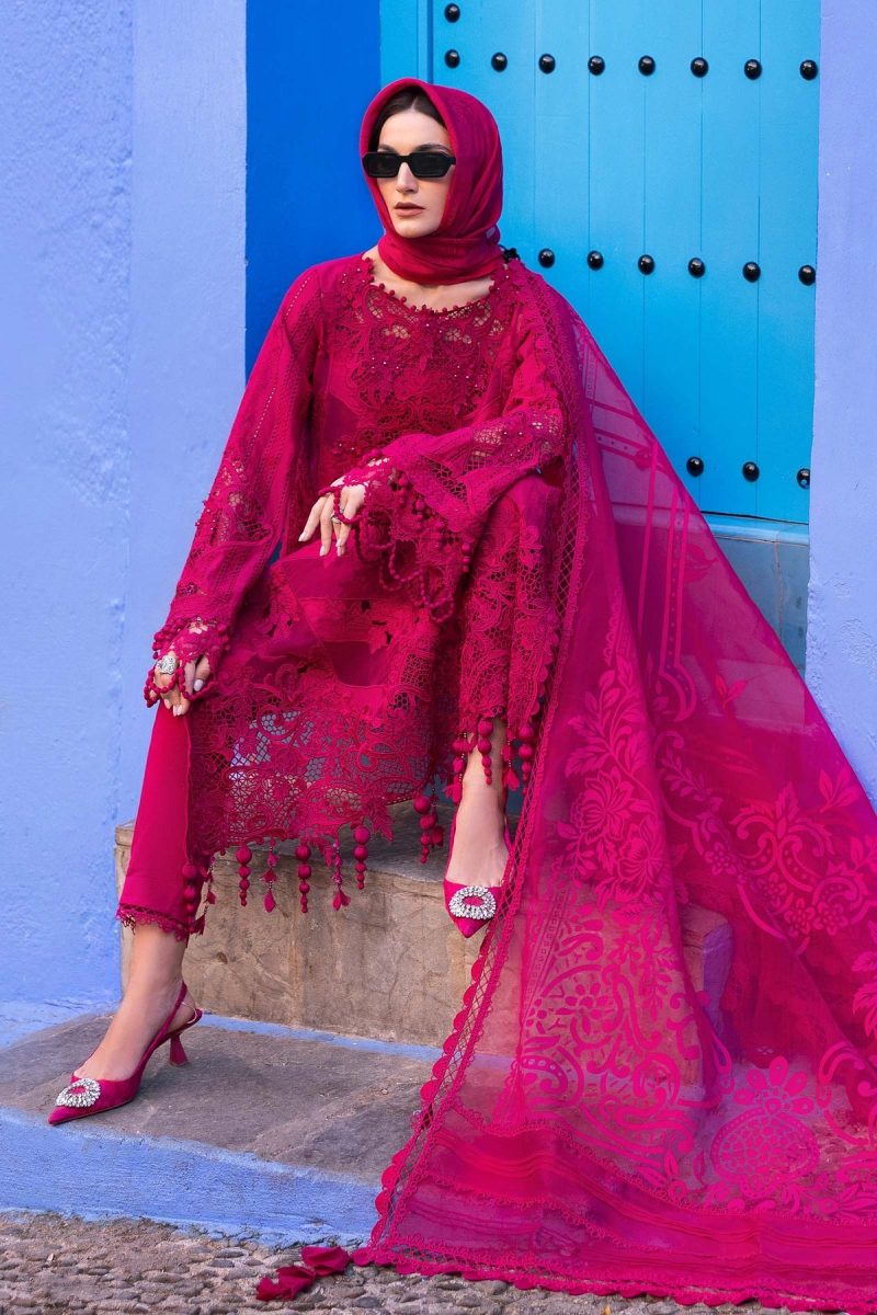 Maria.b | Luxury Lawn | Fuchsia Pink | Unstitched | Embroidered Net Suit | 3 Piece