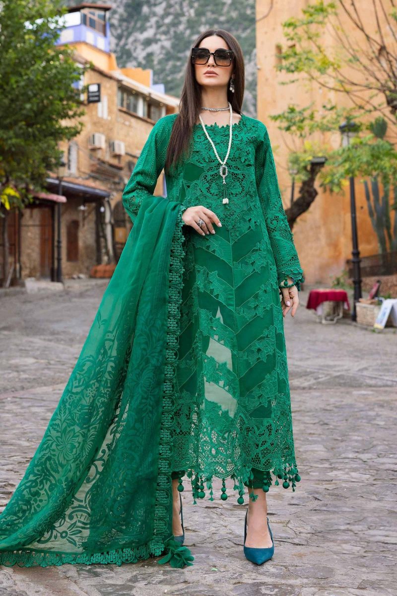 Maria.b | Luxury Lawn | Emerald Green | Unstitched | Embroidered Net Suit | 3 Piece