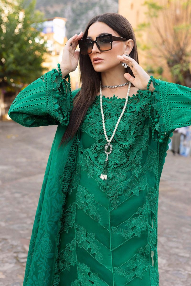 Maria.b | Luxury Lawn | Emerald Green | Unstitched | Embroidered Net Suit | 3 Piece