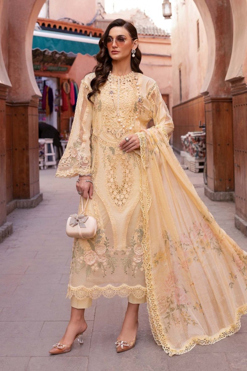 Maria.b | Luxury Lawn | Yellow | Unstitched | Embroidered Net Suit | 3 Piece