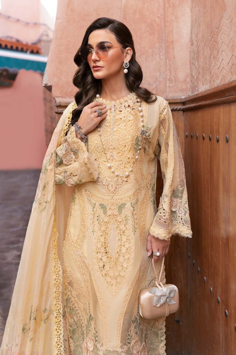 Maria.b | Luxury Lawn | Yellow | Unstitched | Embroidered Net Suit | 3 Piece
