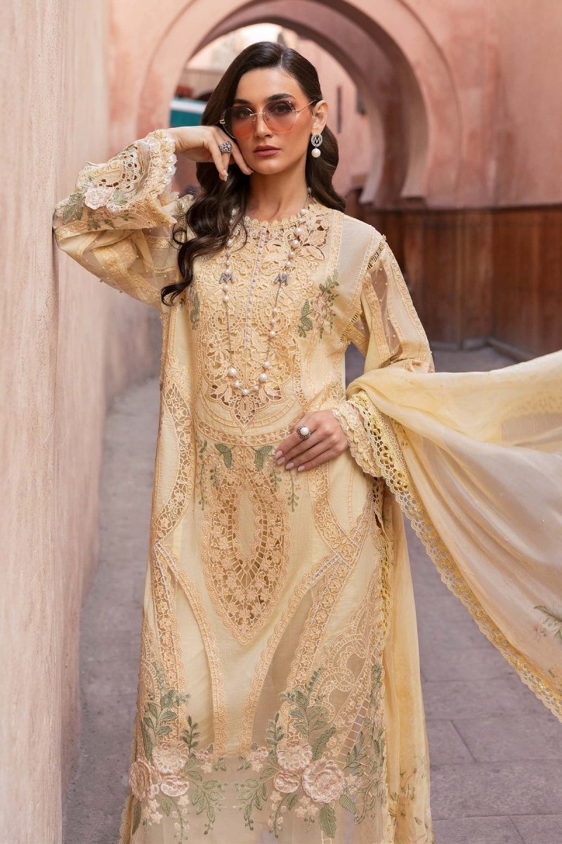 Maria.b | Luxury Lawn | Yellow | Unstitched | Embroidered Net Suit | 3 Piece