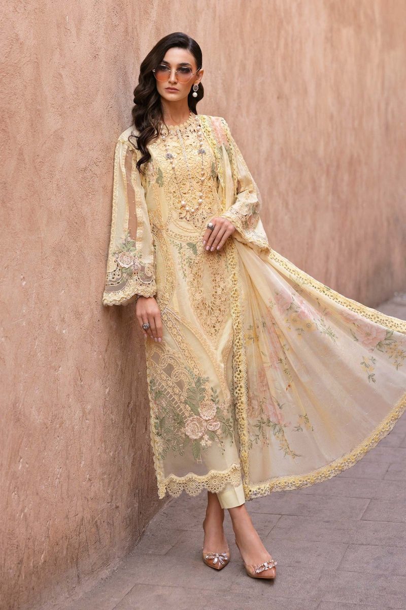Maria.b | Luxury Lawn | Yellow | Unstitched | Embroidered Net Suit | 3 Piece